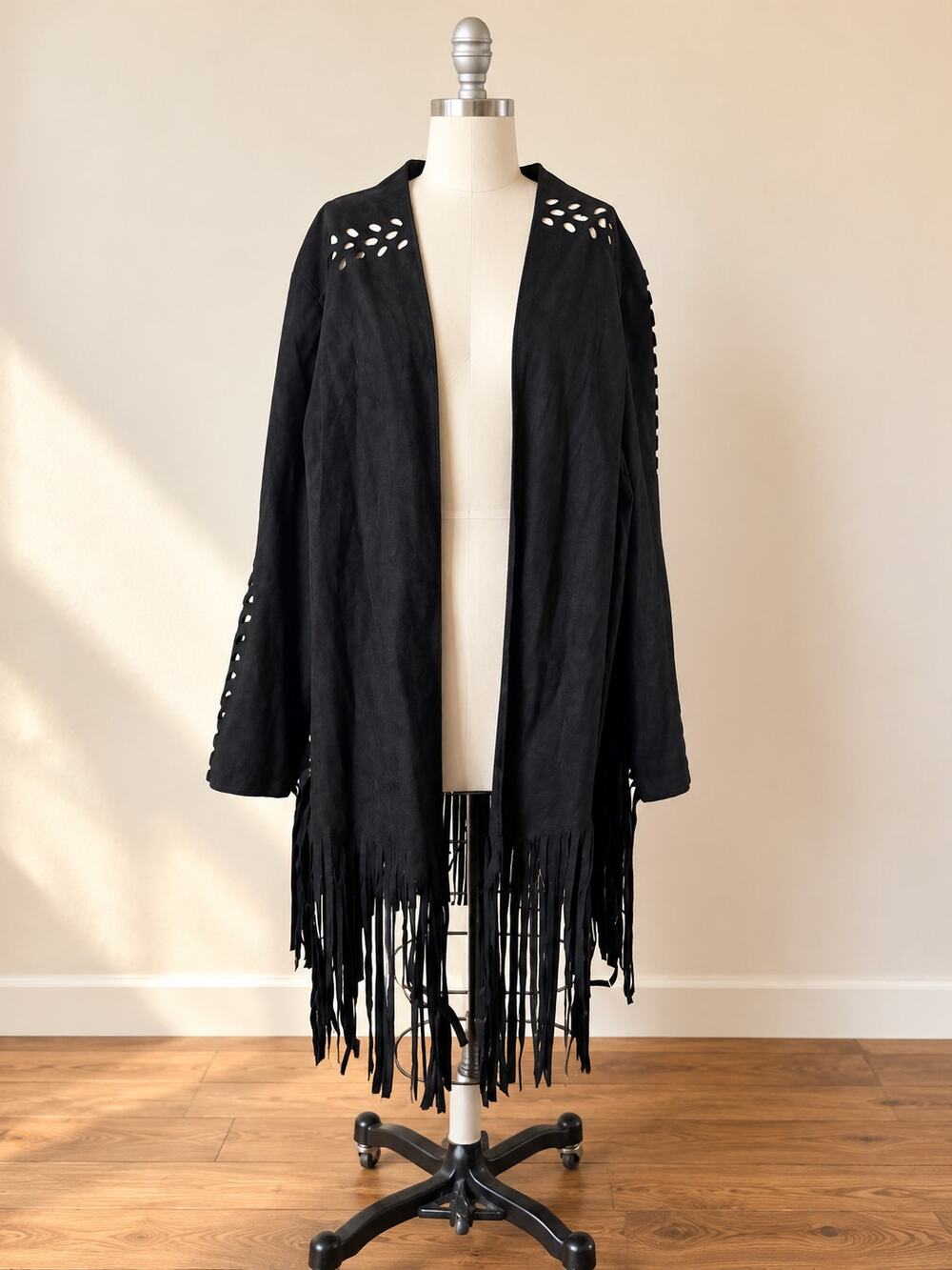 Black Faux Suede Fringe Jacket XL 2XL Laser Cut Western Boho Costume Duster
